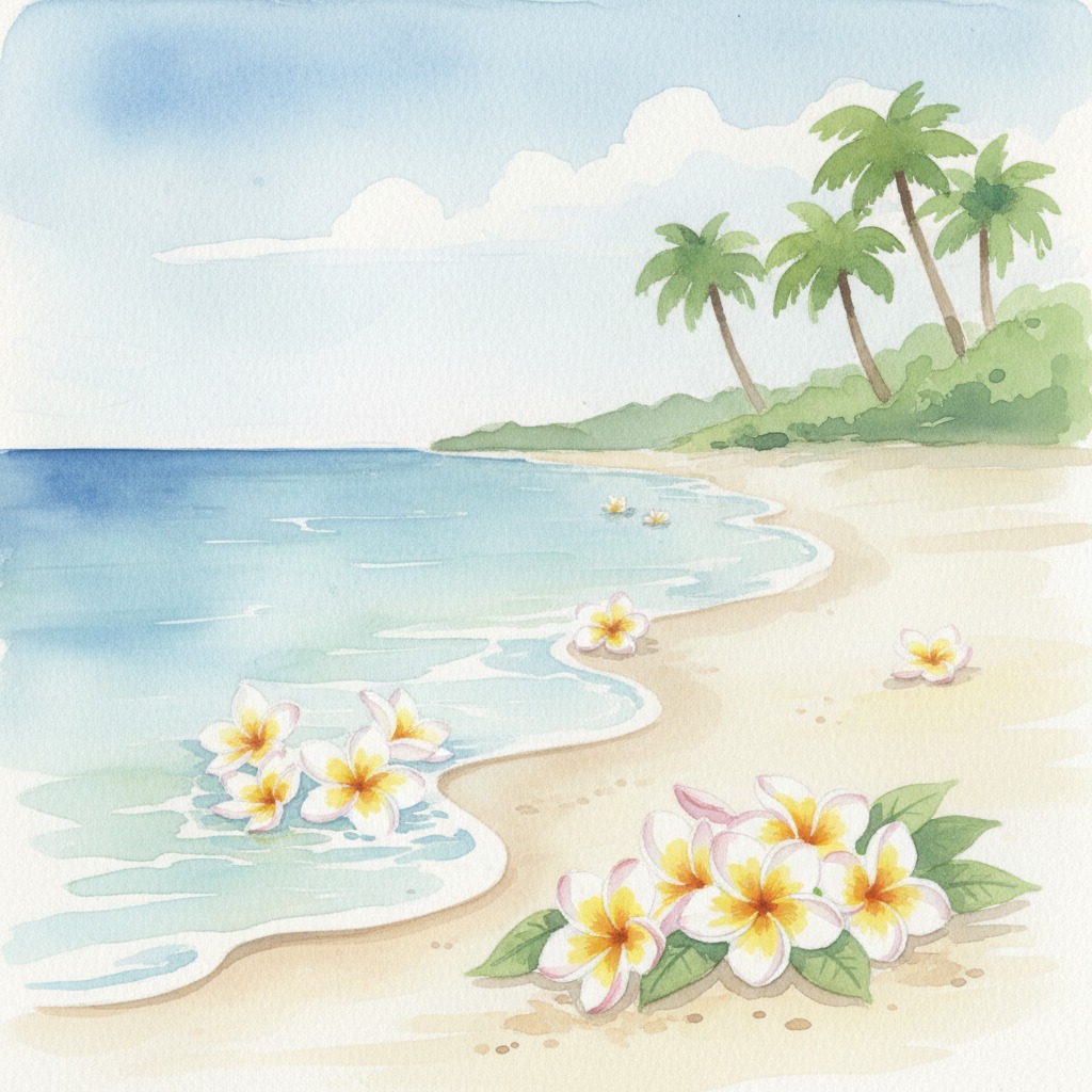 Ein Aquarell zeigt einen tropischen Strand mit weißem Sand, Palmen und hellen Plumeria-Blüten im flachen Wasser.